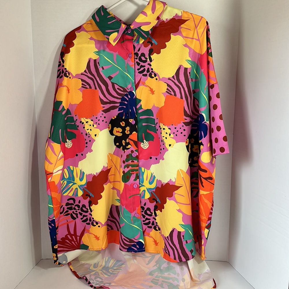 Shein curve bright tropical floral animal print hi lo button up shirt 1X